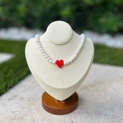 Red heart pearl choker