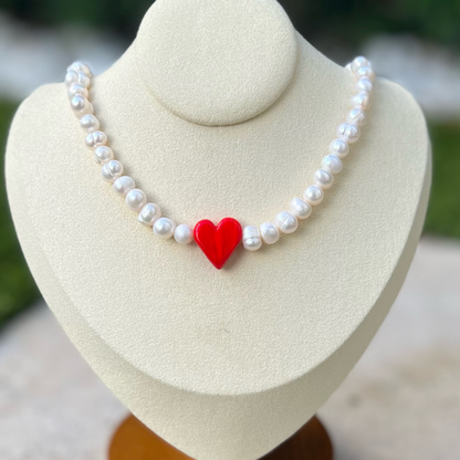 Red heart pearl choker